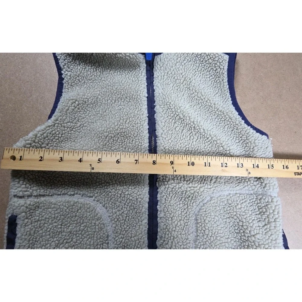 LANDS END Boys Cream Color Sherpa Navy Trim Vest Zip‎ Front & Pockets Size Small